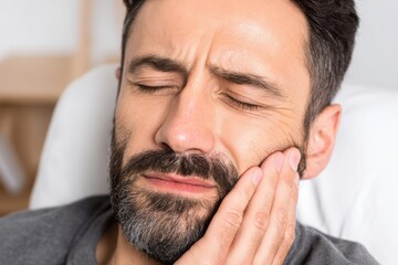 Obraz premium A man with a beard is experiencing severe tooth pain, holding his face in discomfort, his eyes closed, and he needs to visit a dentist immediately.