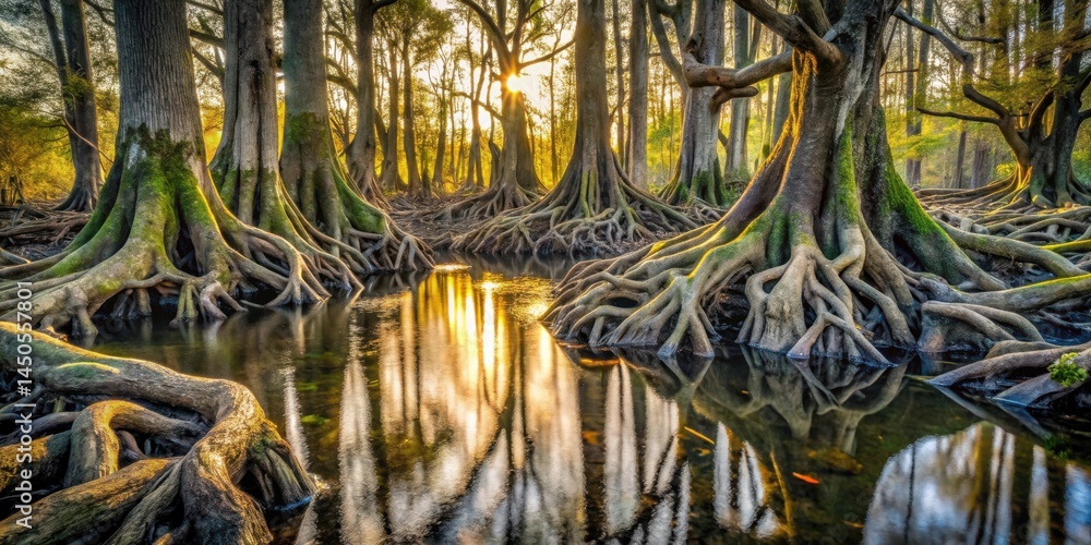 Aufkleber a serene forest scene with sunlight filtering through the canopy, illuminating the intertwined roots