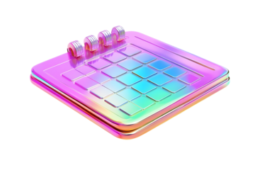 "Colorful 3D calendar with a transparent background, reflecting a modern, futuristic design"

