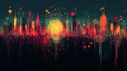 Vibrant abstract cityscape illustration in reds and yellows