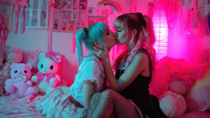 Happy Girl Kissing Friend on Cheek, Neon Room Moment — a detailed and modern 3D-style concept ideal for tech visuals, infographics, marketing materials, and futuristic digital presentations.