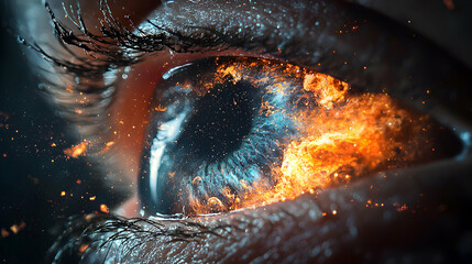 A striking close-up of an eye filled with cosmic energy. Suggests themes of inner power transformation and a universe within. Use for sci-fi book covers or fantasy art.
