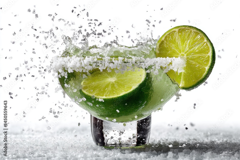 Poster close-up of a refreshing tequila shot with lime slices and salt rim with dynamic splash, isolated on