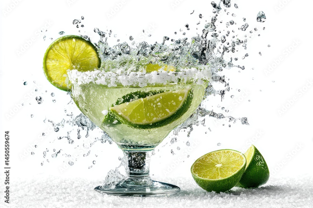 Poster a refreshing margarita cocktail with lime slices and salt rim, water splashing against a white backg