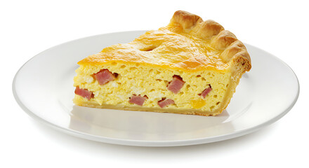A slice of bacon, egg, and cheese breakfast pie with a buttery crust, served on a white plate , isolated on white