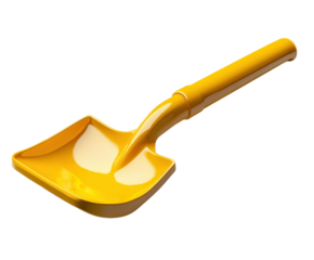 Shoveling dirt with a yellow hand shovel construction site tool isolated on transparent background