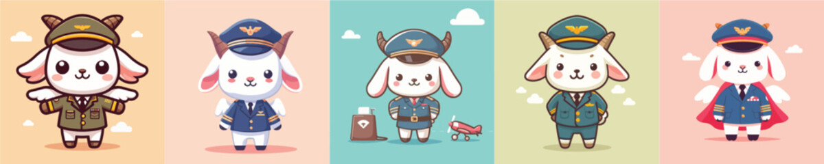 cute goat vector in pilot costume