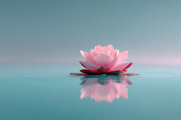 A serene pink lotus flower floating on a tranquil body of water, casting a gentle reflection in a minimalist, calming scene, representing peace and purity.