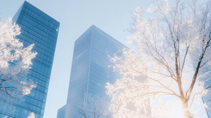 Modern skyscrapers in serene winter cityscape