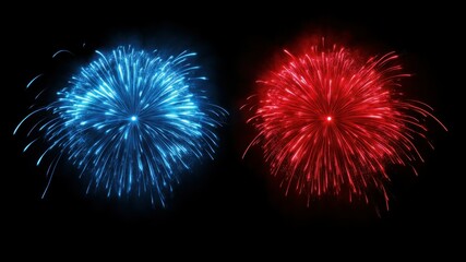 Blue and red fireworks on black background.