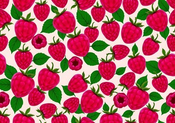 "Seamless pattern of raspberries and raspberry clusters, flat vector style, background color rose pink"