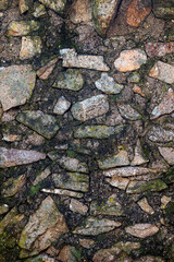 Photograph texture old wall built in stone and cement with different lichens and plants attached to it. Concept: Building site, old, abandoned, construction.