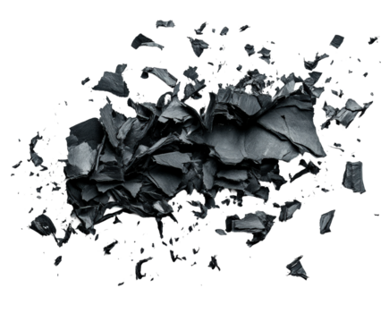 Crushed black material action abstract high contrast isolated view texture concept isolated on transparent background