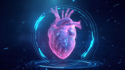 Holographic human heart floating in space — a detailed and modern 3D-style concept ideal for tech visuals, infographics, marketing materials, and futuristic digital presentations.