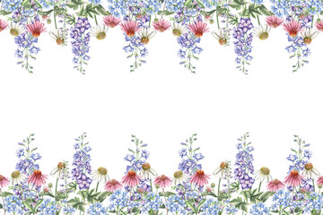 Rectangular frame with flowers of echinacea, forget-me-not and delphinium. Isolated watercolor illustration of bouquets for design of packaging of cosmetic products, candies, printing on clothes