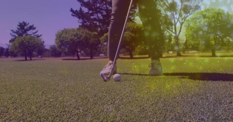 woman tapping golf ball on putting green, showing animated performance graph for sports analytics - Powered by Adobe