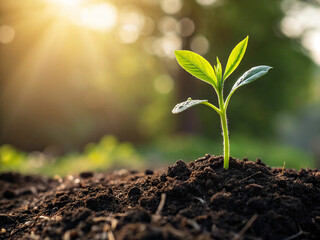 Fototapeta premium New green plant sprouting from fresh soil