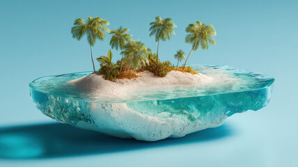 Imaginative Floating Oasis with Trees, Fantasy Scene — a detailed and modern 3D-style concept ideal for tech visuals, infographics, marketing materials, and futuristic digital presentations.