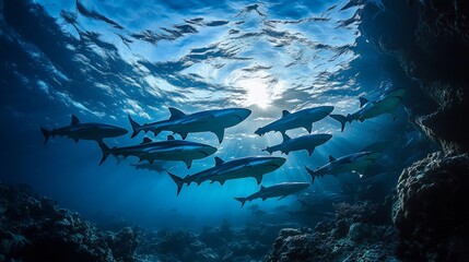 Underwater School of Sharks Swimming in Blue Ocean