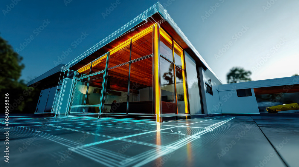 Poster modern house blending real structure with glowing digital blueprints, visualizing architectural plan