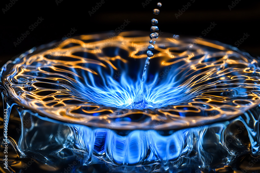 Poster close up of water droplets falling into a bowl creating ripples and abstract light patterns viewed u