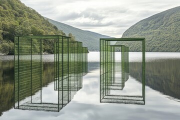 Green metal structures, like framed boxes, float on a still lake.  Mountain backdrop