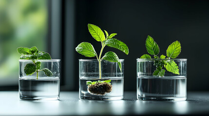 Three glasses of water with plants growing inside. It could be used for a modern home decor or to teach children about nature.