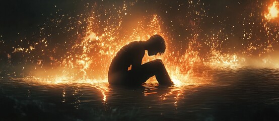 Obraz premium Emotional struggle of a figure in fiery surroundings desolate water landscape digital art dramatic lighting introspection concept