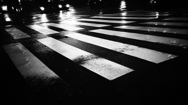 Fototapeta Wet pedestrian crossing at night, black and white view.