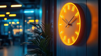 Illuminated wall clock in modern office, time management and corporate productivity theme, business, and interior design concepts