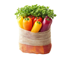 Fresh colorful vegetables in burlap sack kitchen food natural light isolated on transparent...