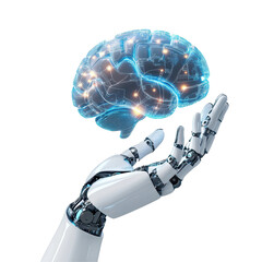 A robotic hand holding a glowing, floating AI brain, representing integration. isolated on white background