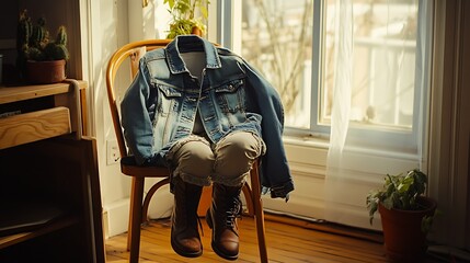 Empty denim jacket and pants on a wooden chair.