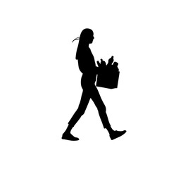 A woman is walking with a box in her hand vector.