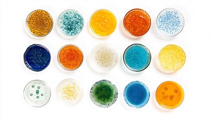 Top down view of various agar plate showing microbial colony growth color morphology variation segmented Petri dish comparative study clinically styled layout white background no text ideal