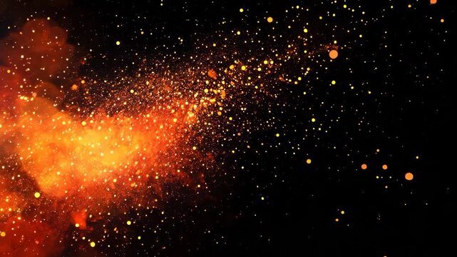 A glowing supernova explosion illuminates the dark night sky with abstract fire particles and cosmic dust