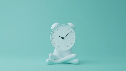 Alarm clock in meditating pose on serene background