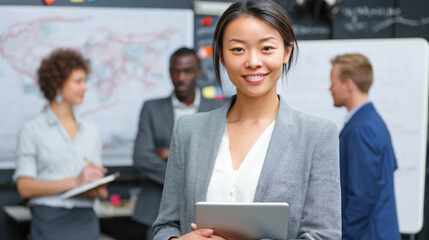 Asian female professional in modern office with multiracial colleagues