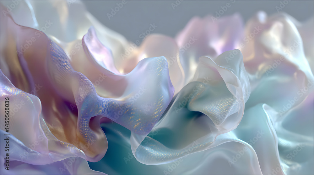 Poster reflections on ethereal fabric revealing iridescent textures and translucent folds that form abstrac