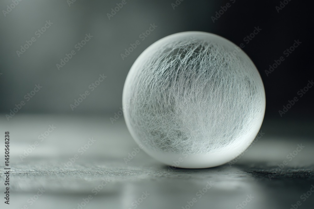 Poster a white sphere with a textured surface sits on a gray background, illuminated by a soft light