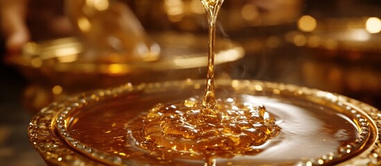 Golden Liquid Pouring into Ornate Dish: A Luxurious Visual