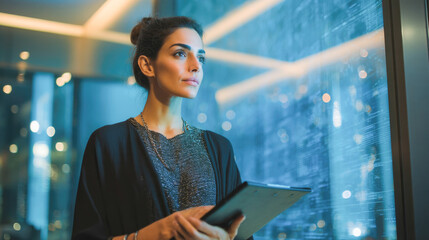 Young caucasian female professional in modern office with tablet looking thoughtful