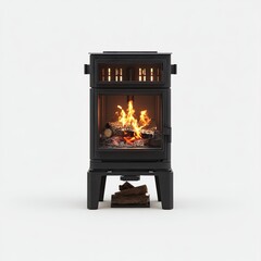 Modern black freestanding stove with burning fire