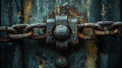 Close-up view of rusty chains locked on metal.
