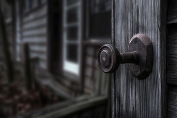 Rusty door knob on weathered wooden exterior.  Close-up of aged hardware on a weathered building