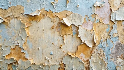 Obraz premium A close-up view of a peeling wall, revealing layers of paint and faded colors, with a textured surface reminiscent of time's passage and the fragility of surfaces.