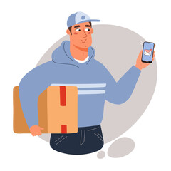 Courier holding a cardboard box and smartphone in his hands. Delivery man with a parcel. Online global shopping, delivery service concept. Flat vector illustration