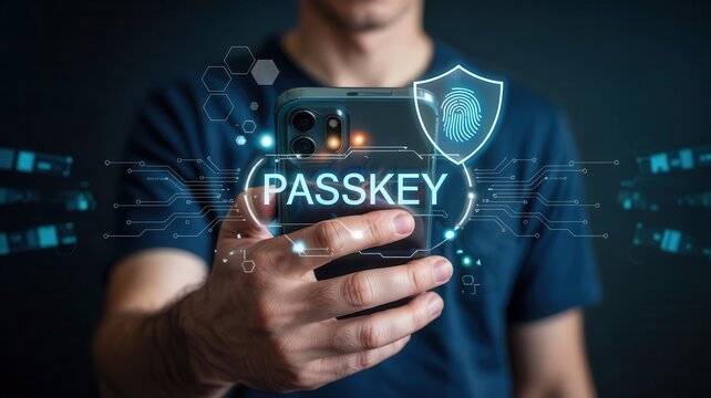 Person using a mobile phone with a digital passkey overlay.