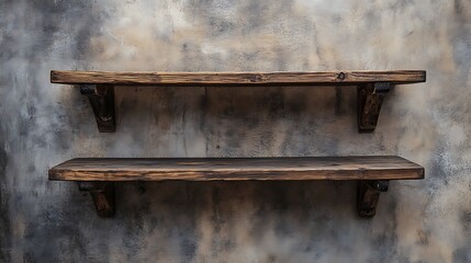 Vintage Wooden Shelves on Wall, Empty and Rustic Interior Background
