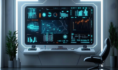 Futuristic display panel showing data visualizations and information technology